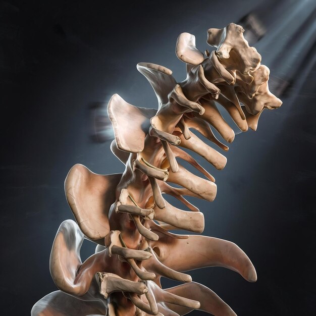 Foto coluna vertebral com vértebras quebradas conceito de desconforto físico renderização 3d