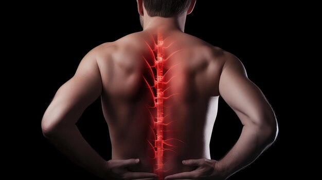 coluna vertebral de um homem com dor nas costas contra um fundo escuro