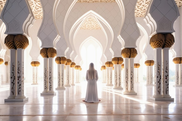 Colunas brancas em uma mesquita islâmica e uma mulher de roupas brancas