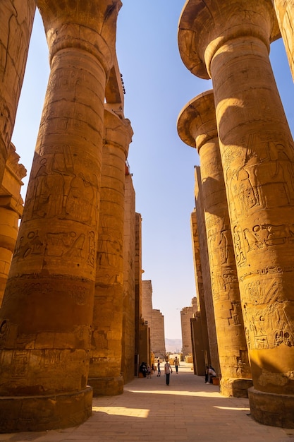 Colunas com desenhos egípcios do templo de karnak o grande santuário de amon