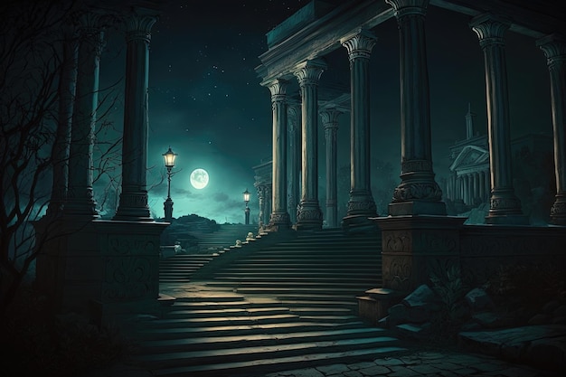 Colunas majestosas flanqueiam uma grande escadaria em uma paisagem noturna criada por IA
