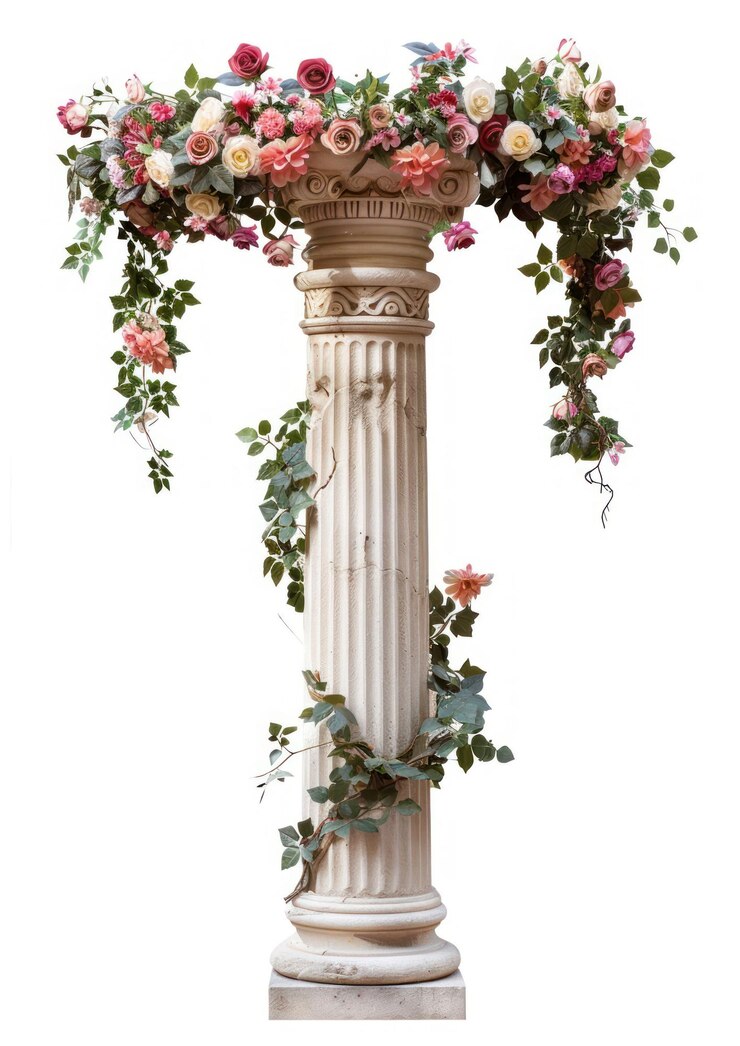 Foto colunas romanas decoradas com flores em um arranjo arquitetônico de rosas de casamento