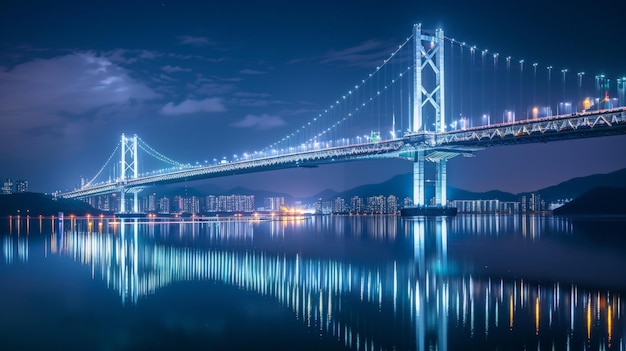 Foto com a cidade adormecida debaixo da ponte gwangan, suas luzes ficam acordadas, lançando um reflexo hipnotizante sobre as águas de busan, na coreia do sul, criando uma cena de maravilha e beleza incomparáveis.