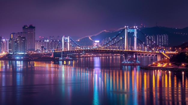 Foto com a cidade adormecida debaixo da ponte gwangan, suas luzes ficam acordadas, lançando um reflexo hipnotizante sobre as águas de busan, na coreia do sul, criando uma cena de maravilha e beleza incomparáveis.