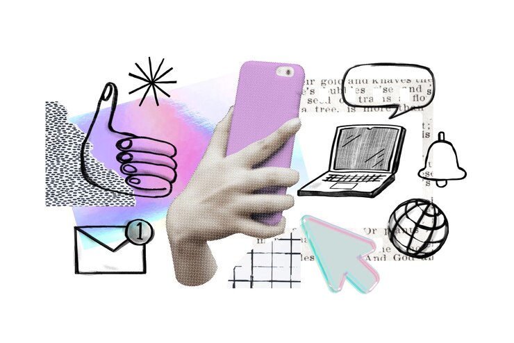 Foto com a mão segurando o smartphone elemento png redes sociais doodle remix fundo transparente