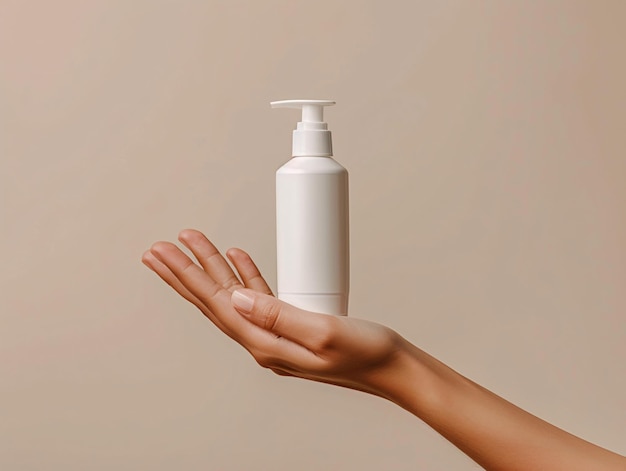 Foto com a mão segurando um tubo de shampoo cosmético contra um fundo bege ai gerativa