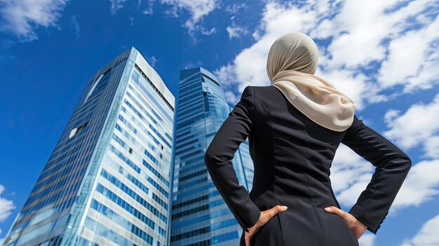 Com arranha-céus alcançando o céu uma empresária muçulmana elegantemente exibe seu hijab e