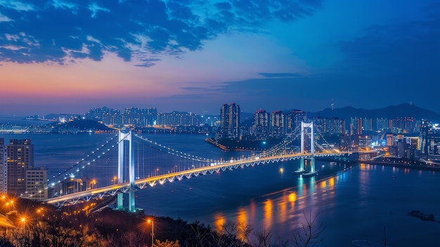 Com as estrelas cintilantes acima, a ponte gwangan emerge como uma silhueta impressionante contra o horizonte de busan. seus arcos iluminados lançam um feitiço mágico sobre a paisagem costeira da coreia do sul.