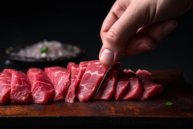 Com as mãos, usando pauzinhos, colhe carne crua em fatias.