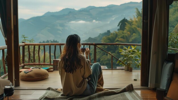 Foto com cada gole, a jovem aprecia a beleza das montanhas de sua varanda, o abraço caloroso de sua casa de madeira, fornecendo o cenário perfeito para um momento de reflexão silenciosa sobre seu café.