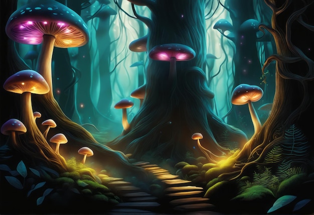 Com cogumelos da floresta e cogumelos na floresta escura com cogumelos e Cogumelos no escuro