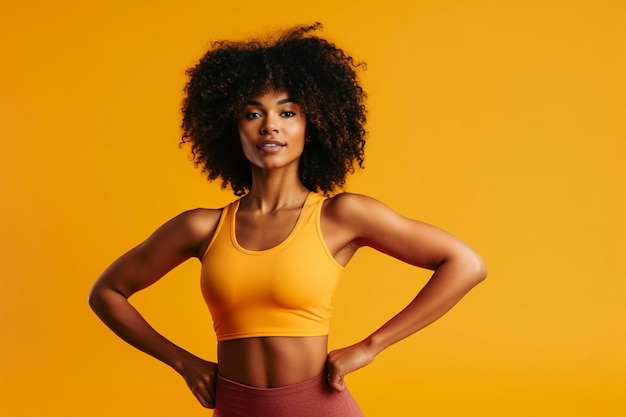 Com confiança e poder, uma jovem mulher negra de fitness faz uma pose sobre um fundo amarelo vibrante gerado por Ai.