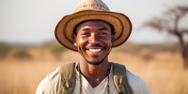 Com entusiasmo, o homem veste uma roupa de aventureiro e um conceito turístico de chapéu