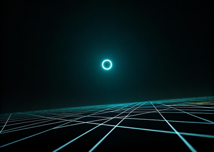 Foto com fundo espaço um círculo de luz no centro e matriz piso fondo con espacio un círculo cl