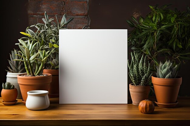 com modelo de cartaz com plantas verdes em vasos em mesa de madeira