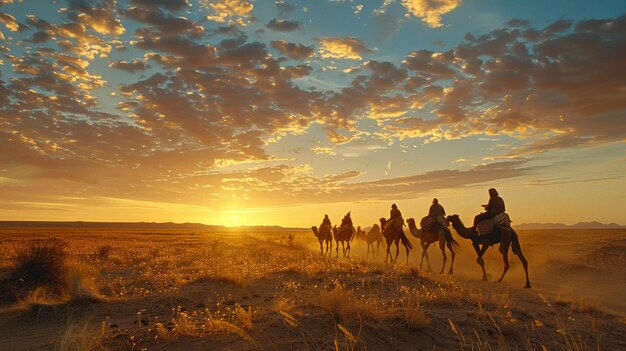 Com o pano de fundo de um céu pintado, camelos e seus manipuladores caminham pelo deserto, uma cena atemporal de resiliência e resistência.