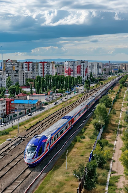 Foto com o pano de fundo de uma metrópole moderna, este comboio de alta velocidade evoca uma sensação de progresso e de visão de futuro.