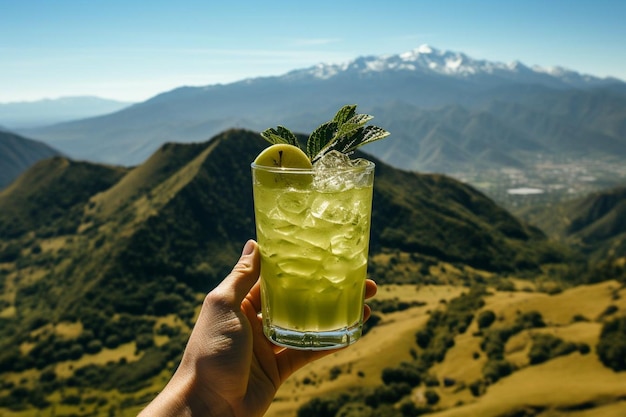 Com o suco verde na mão com a cordilheira