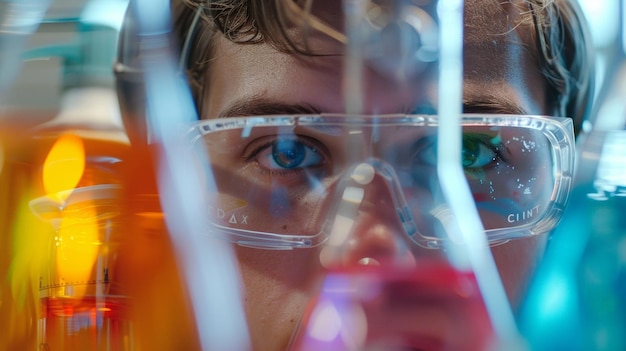 Foto com óculos de proteção cobrindo os olhos, um cientista se maravilha com as cores vibrantes que aparecem enquanto ele cuidadosamente
