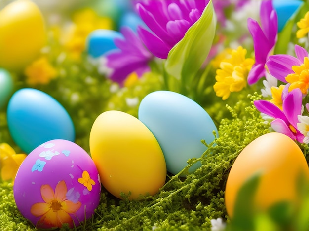 Com ovos de Páscoa coloridos em um leito de flores vibrantes da primavera