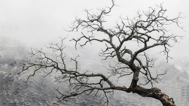 Foto com ramos nódulos estendidos como mãos esqueléticas, a árvore antiga se erguia como um lembrete da passagem do tempo.
