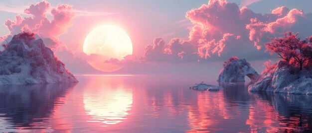Com renderizações 3D de formas geométricas futuristas uma paisagem marinha minimalista Zen água calma um arco de vidro um espelho e um céu graduado infundido com tons rosa pastel