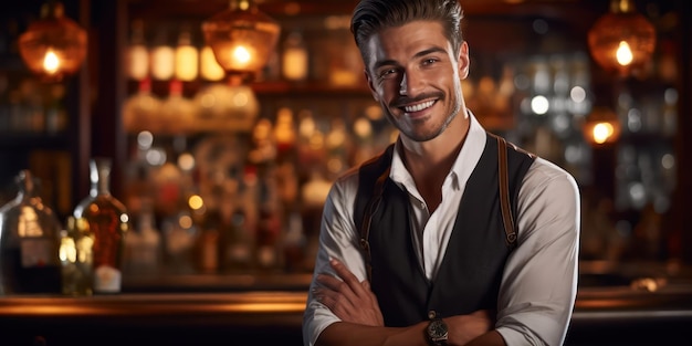 Com sorrisos alegres, os bartenders masculinos permanecem confiantes