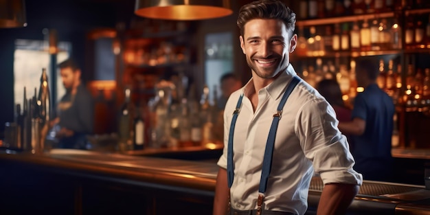 Com sorrisos radiantes, os bartenders masculinos parecem equilibrados e confiantes