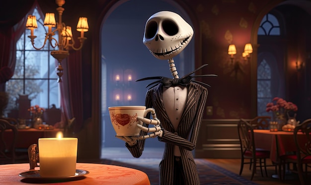 Com sua expressão cômica e uma xícara de chá na mão, o personagem esqueleto trouxe risos para a cena projetada