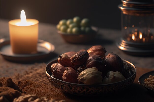 Com tâmaras e velas na mesa iftar do ramadã generative ai