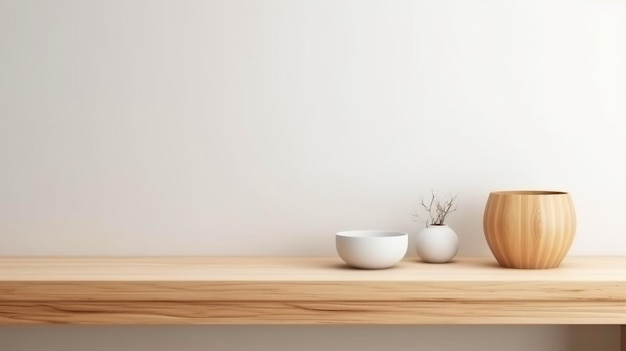 Com um balcão de madeira brilhante uma parede branca quente uma planta de vaso e um relógio este minimalistaGenerative AI