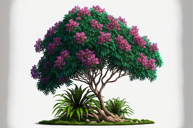 Com um caminho de recorte, um arbusto de flores de uma árvore verde isola uma planta tropical