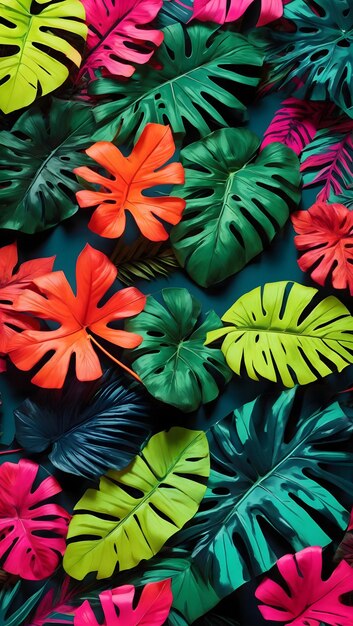 Foto com um layout de cores criativo composto por folhas tropicais dispostas de forma plana em um cenário de cores de néon ai generative