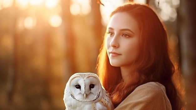 Com um pássaro branco no ombro, uma luz divina mágica do sol no outono e IA generativa, uma princesa aprecia a natureza