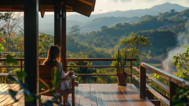 Foto com um sentimento de gratidão em seu coração, a jovem mulher saboreia seu café na varanda de sua casa de madeira, mergulhando na vista deslumbrante das montanhas que se desdobram diante de seus olhos.