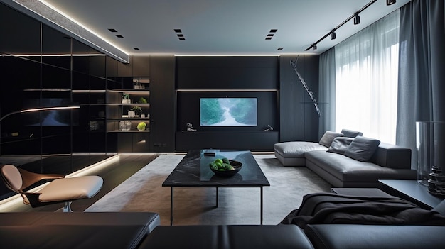 Com um sofá e uma tela de TV gigante na parede, a Generative AI criou uma área de estar modernax9