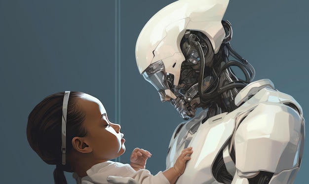 Foto com um toque carinhoso, o robô feminino mantém a criança próxima, criando um vínculo de amor e proteção.