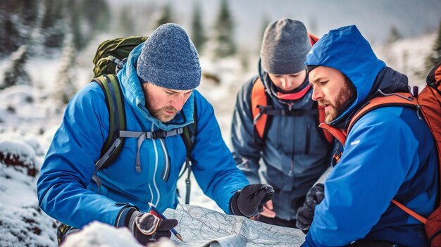 Foto com uma bússola de mapa, uma montanha nevada e ia generativa, um homem e dois adolescentes determinam sua jornada