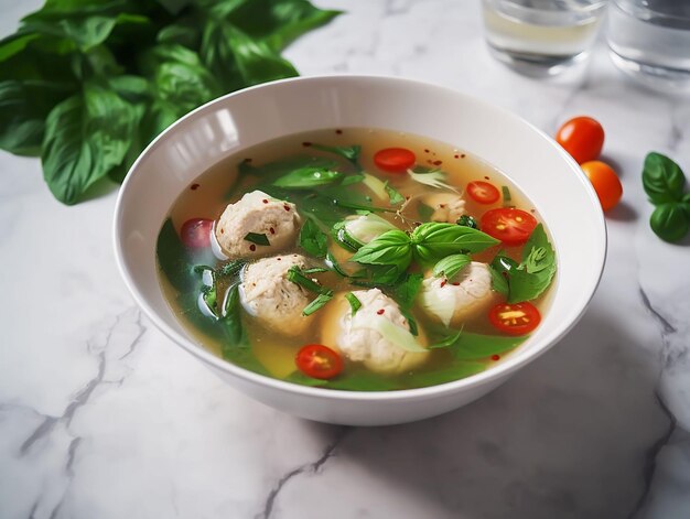 com uma chávena de sopa de vegetais ceto, caldo claro, pedaços de pimentão, folhas de espinafre e almôndegas de frango.