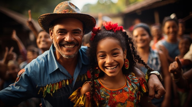 Com uma família de fazendeiros brasileiros celebrando uma festa