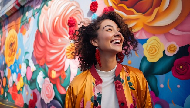 Foto com uma história fotográfica de uma mulher feliz participando de um projeto de mural para o dia da mulher