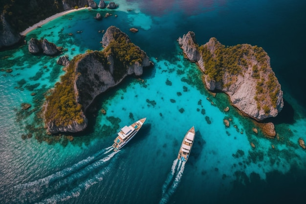 Com uma vista deslumbrante do mar, dois barcos luxuosos enfeitam a praia criando um ambiente de férias perfeito na costa Generative AI