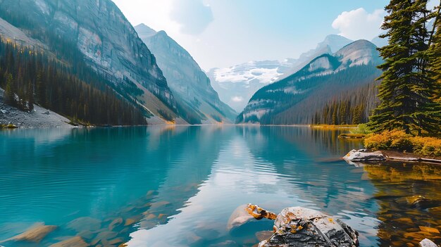 Foto com vistas deslumbrantes das montanhas e águas cristalinas, este lago é uma visão a contemplar, o lugar perfeito para relaxar e apreciar a beleza da natureza.