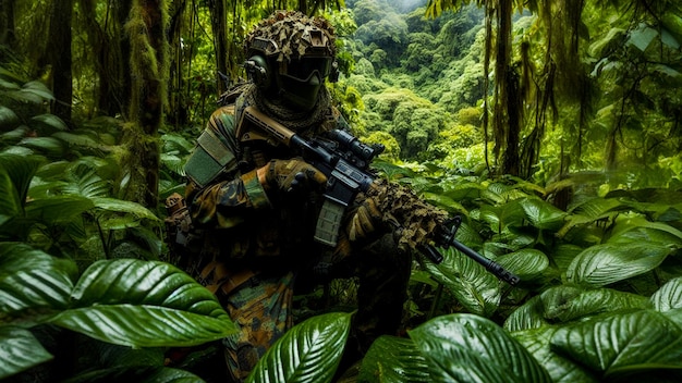 Comandos camuflados navegan por la densa jungla