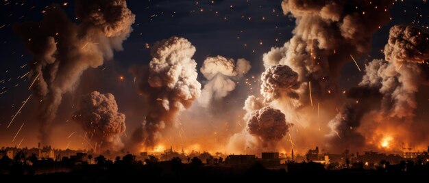 Combate intenso no Oriente Médio Detonações ardentes iluminam um campo de batalha escuro Cena militar noturna dramática com explosões brilhantes dominando o céu AI Generative