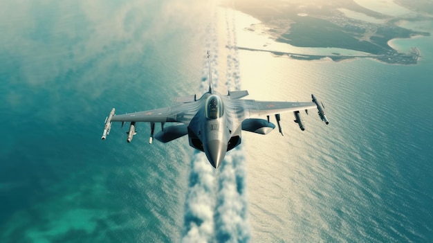 Combatiente de la fuerza aérea F volando sobre la costa del mar hermoso cielo sobre el horizonte aviones militares jet patro