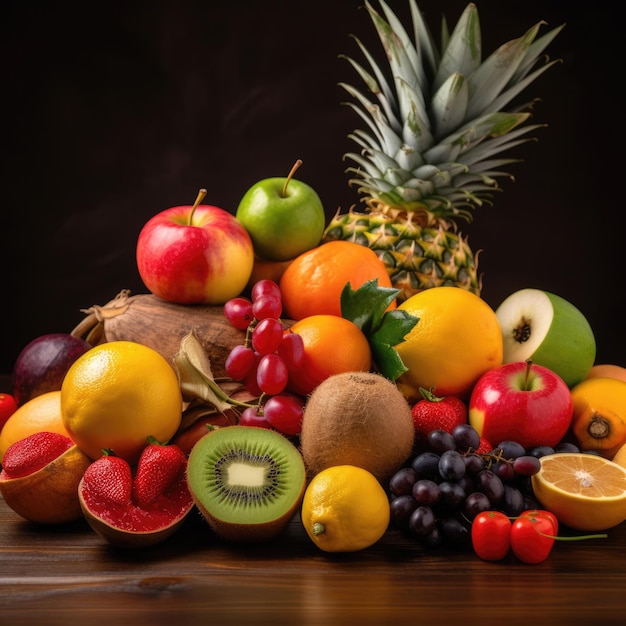 La combinación de fruta fresca en el fondo de la mesa de madera.