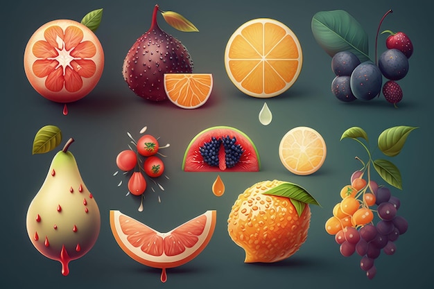 Combinación de iconos de frutas planas generadas por IA
