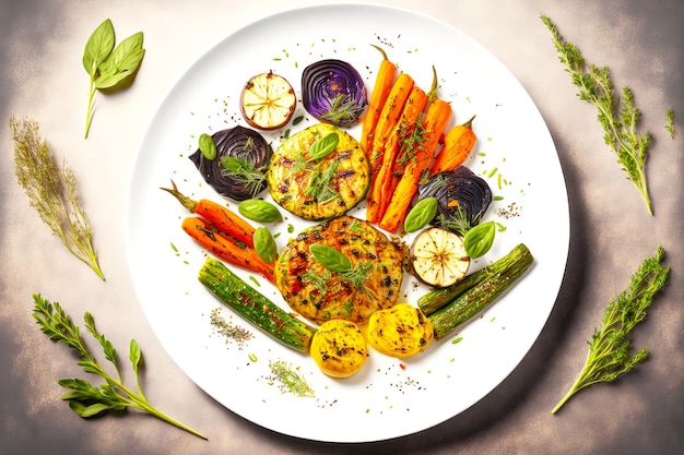 Una combinación magistral de verduras a la parrilla ingeniosamente servidas en un plato blanco