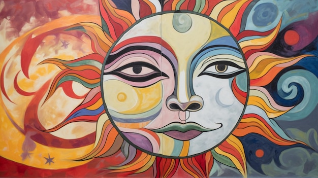 Una combinación de máscara pintura mural sol luna hermosa imagen Arte generado por Ai